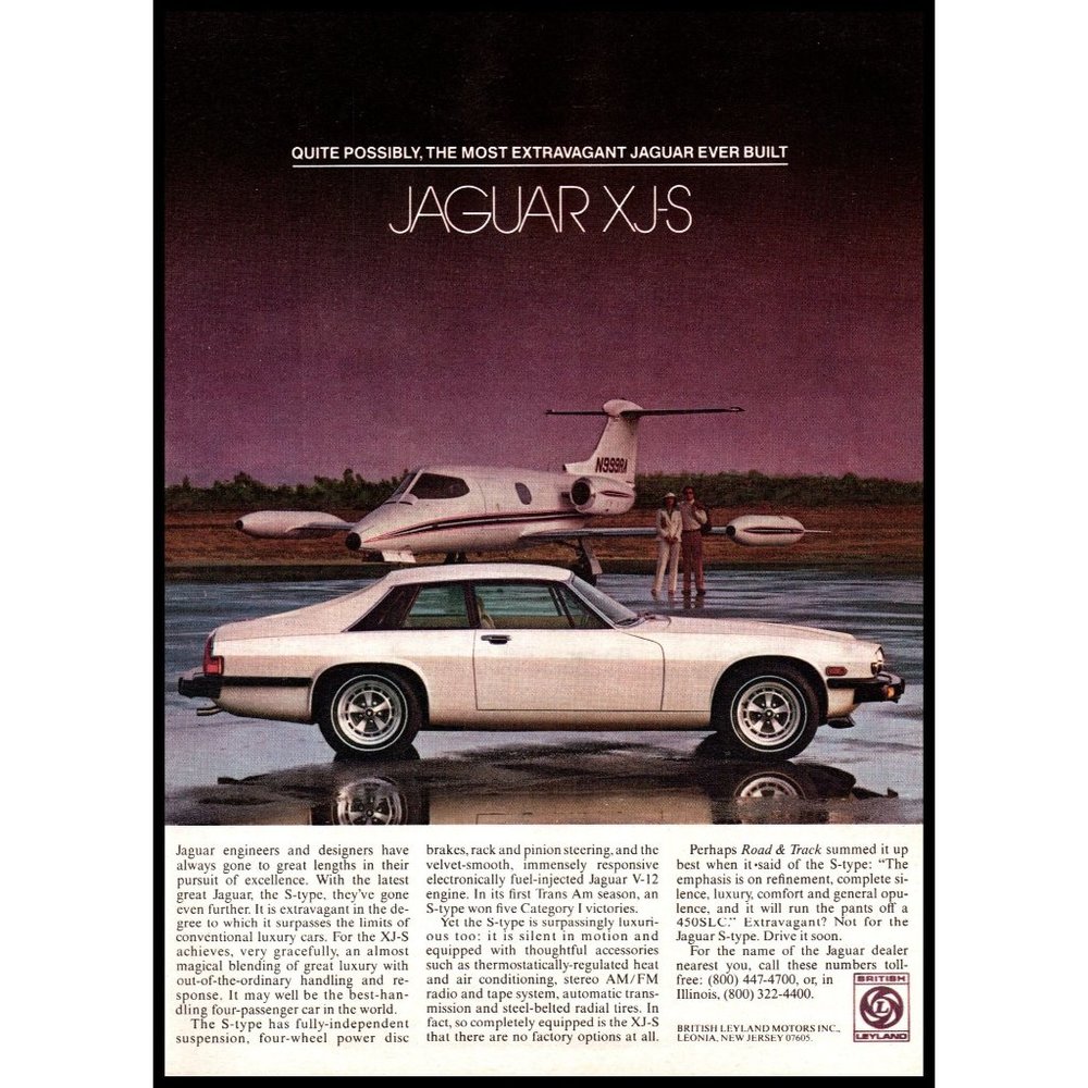 1979 Jaguar XJ-S S Type 2 Door Coupe Vintage Print Ad Private Jet Airport Photo